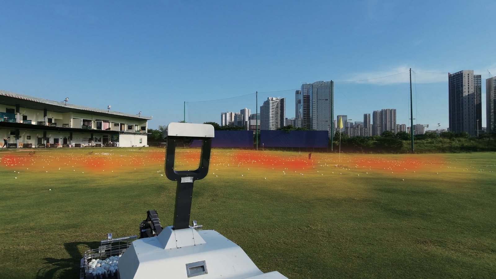WayPick robot coverage across a driving range showing golf ball distribution